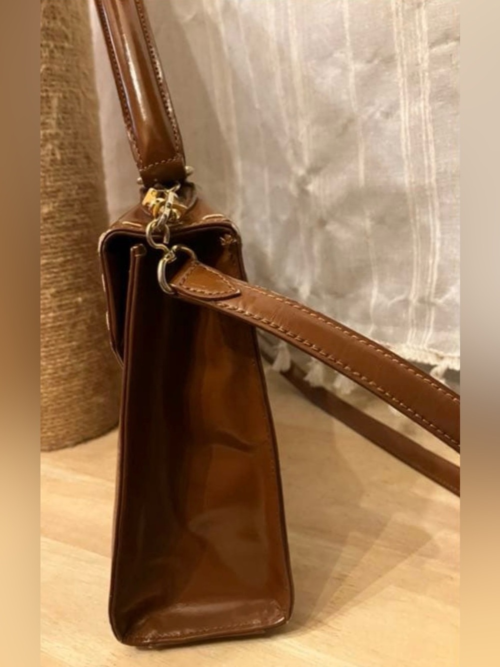 Prada Brown Leather Top-Handle Satchel with Gold Hardware and crossbody strap - Picture 9 of 11